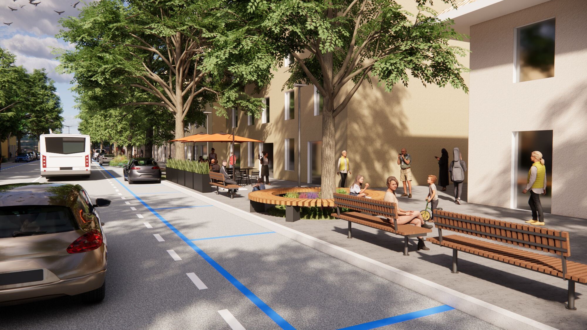 Rendering della strada e del marciapiede nell'ipotesi di progetto