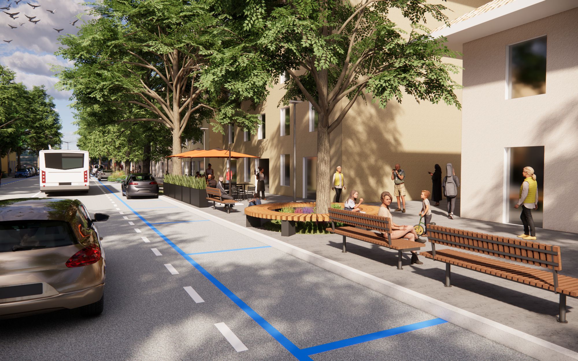 Rendering della strada e del marciapiede nell'ipotesi di progetto