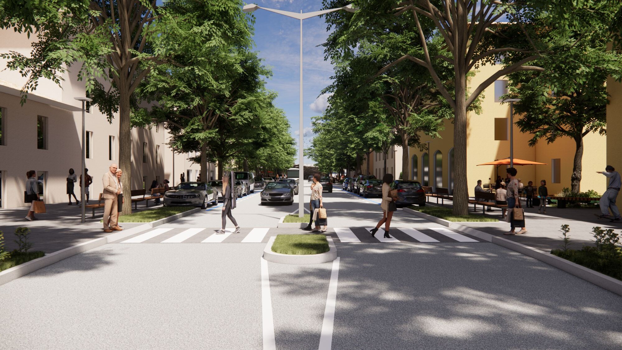 Rendering della strada e del marciapiede nell'ipotesi di progetto