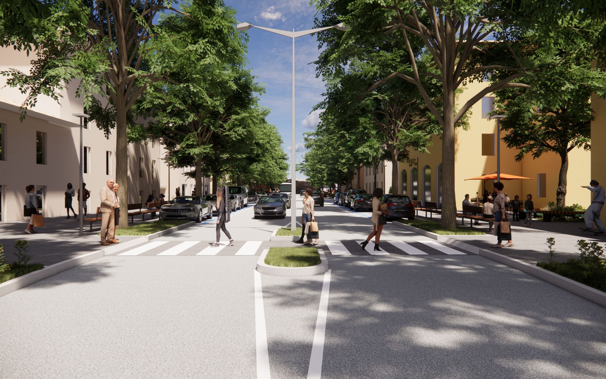 Rendering della strada e del marciapiede nell'ipotesi di progetto