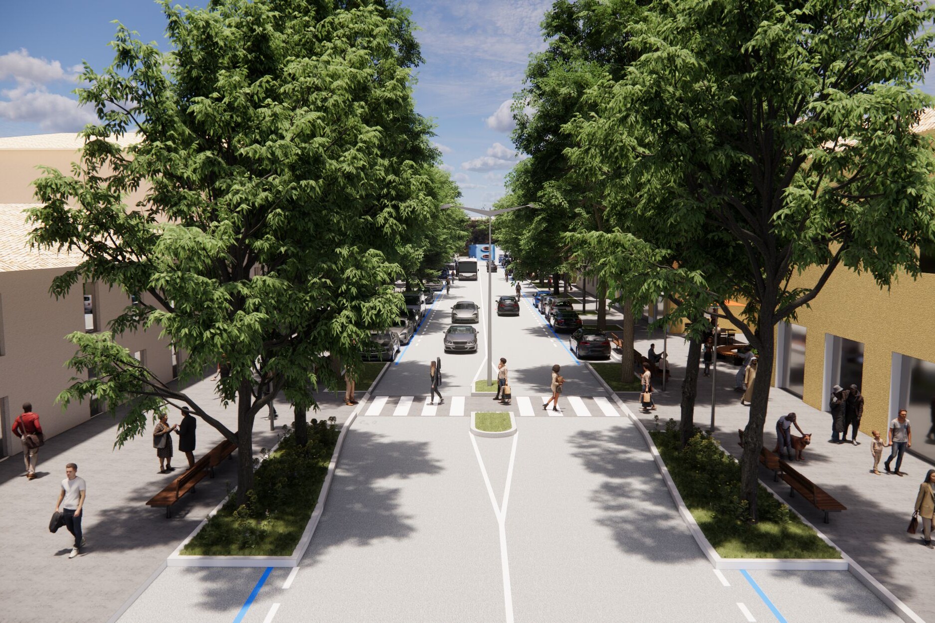 Rendering della strada e degli attraversamenti nell'ipotesi di progetto