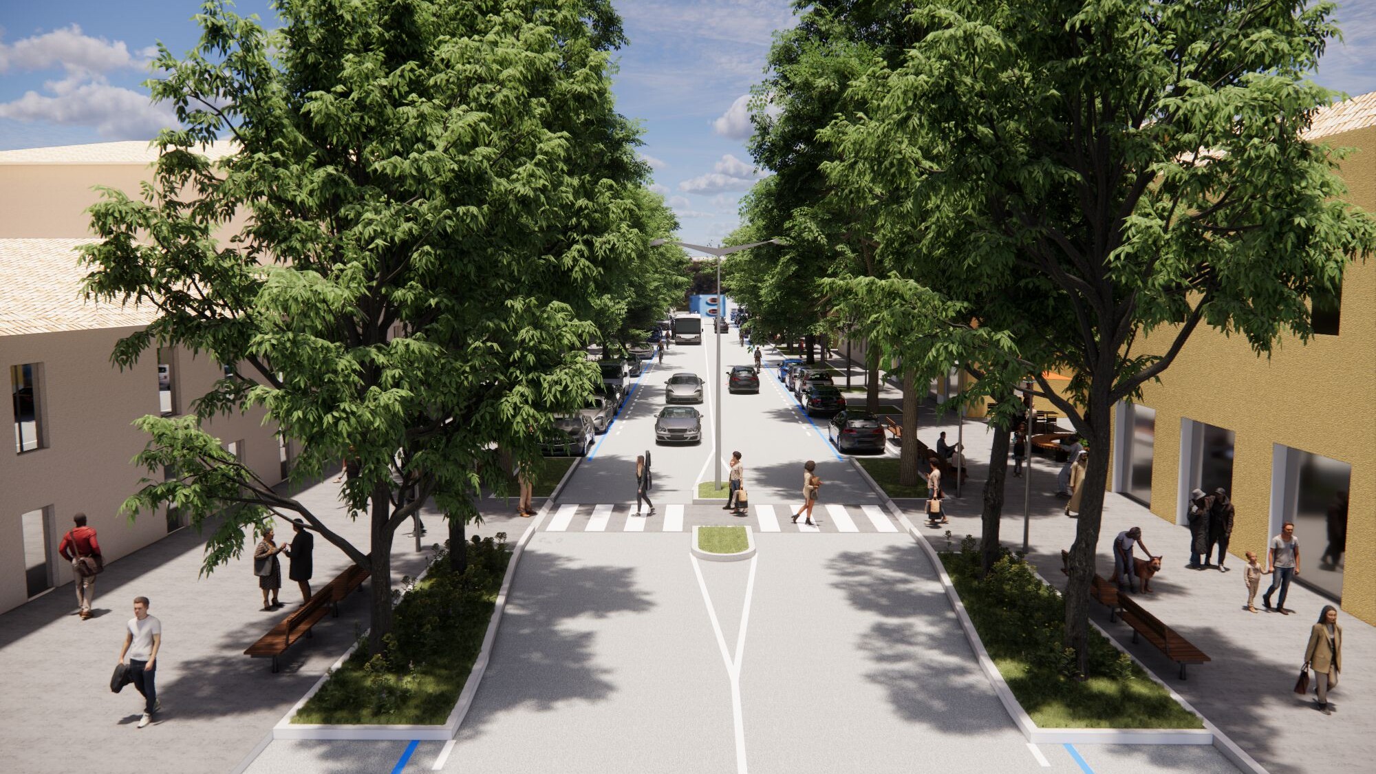 Rendering della strada e degli attraversamenti nell'ipotesi di progetto