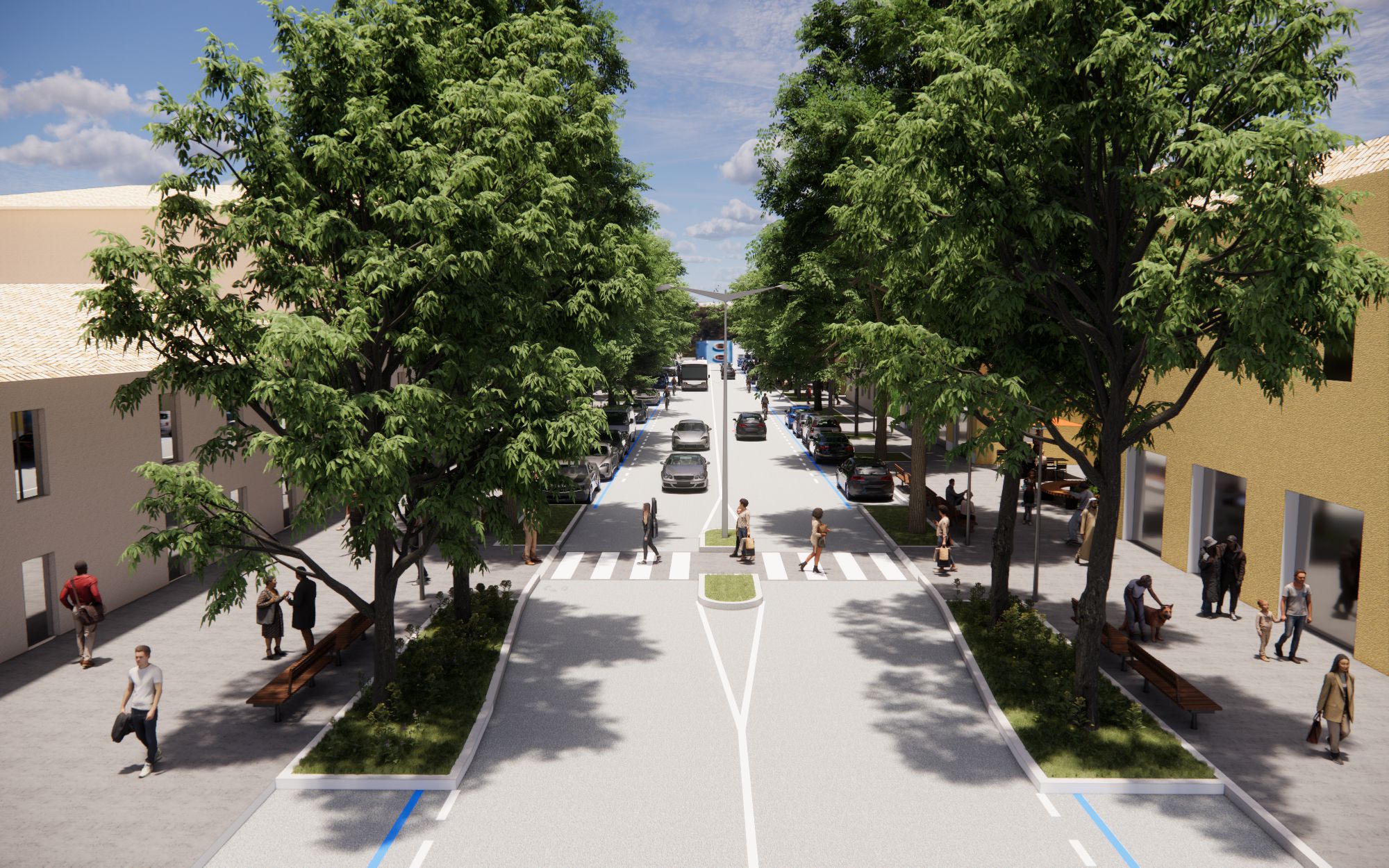 Rendering della strada e degli attraversamenti nell'ipotesi di progetto