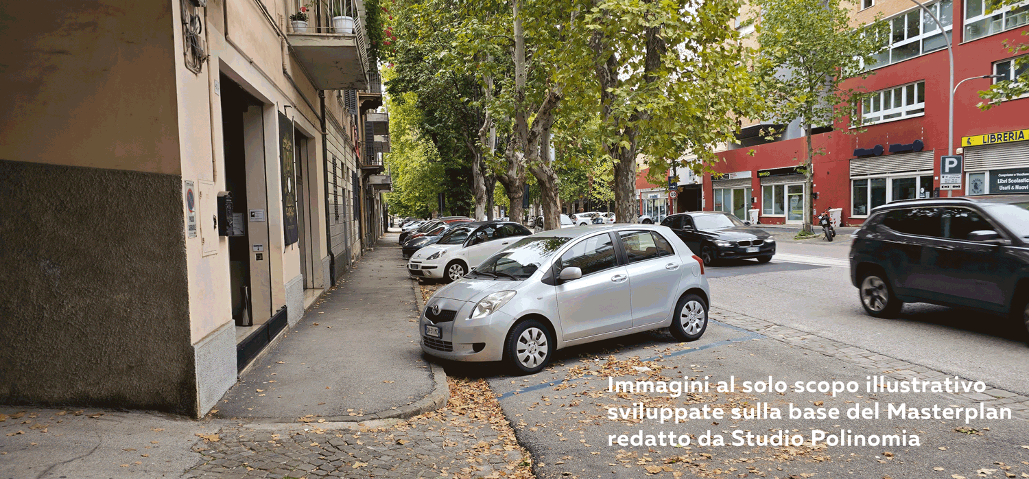 Simulazione della strada e del marciapiede, prima e dopo la riqualificazione