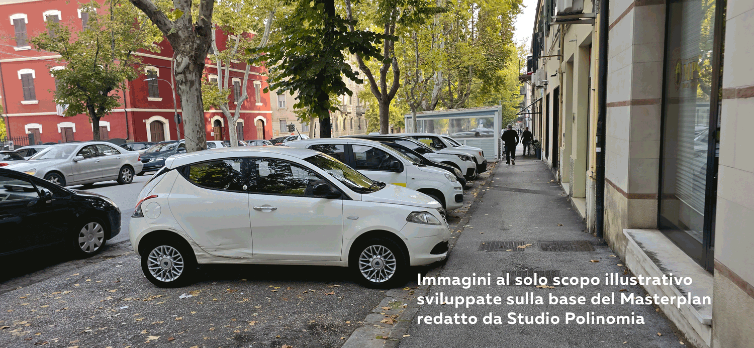 Simulazione della strada e del marciapiede, prima e dopo la riqualificazione